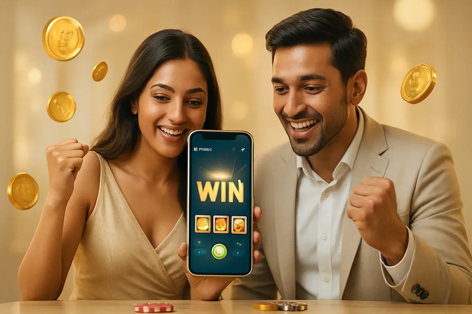Ultra-realistic smartphone displaying casino app with celebrating couple and floating gold coins
