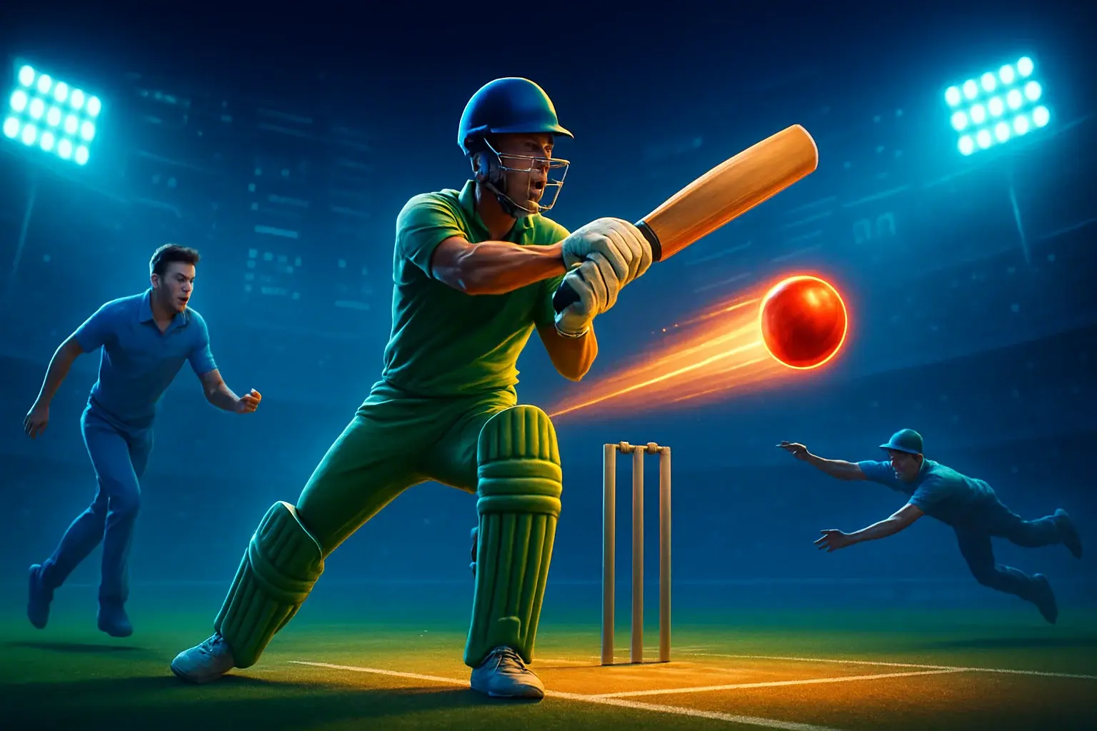 High-energy cricket action with batsman, bowler, glowing ball, and betting graphics