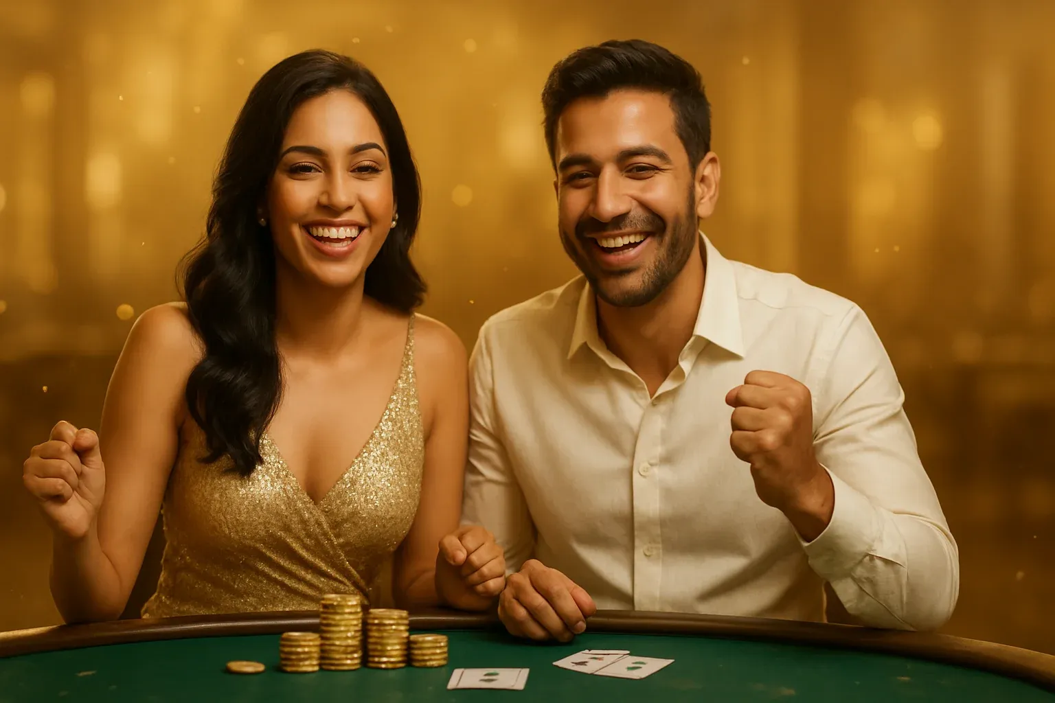 Attractive couple celebrating poker win at elegant gold-themed casino table