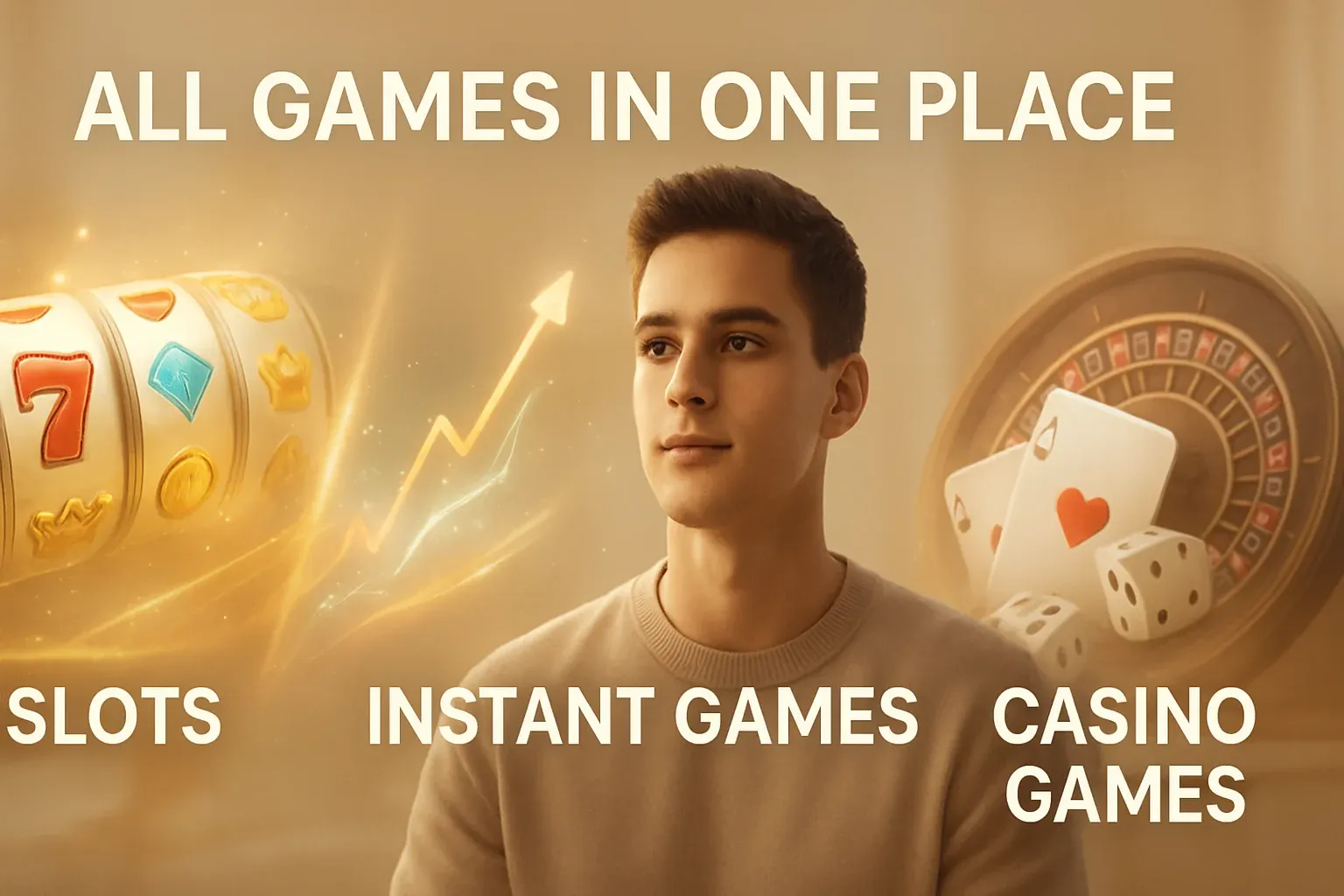 Hyper-realistic collage of slots, instant games, and classic casino games with golden glow and luxury style