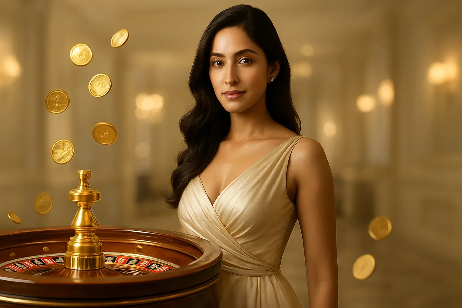 Beautiful Bangladeshi woman in elegant evening dress with luxury roulette and gold coins in bright casino setting