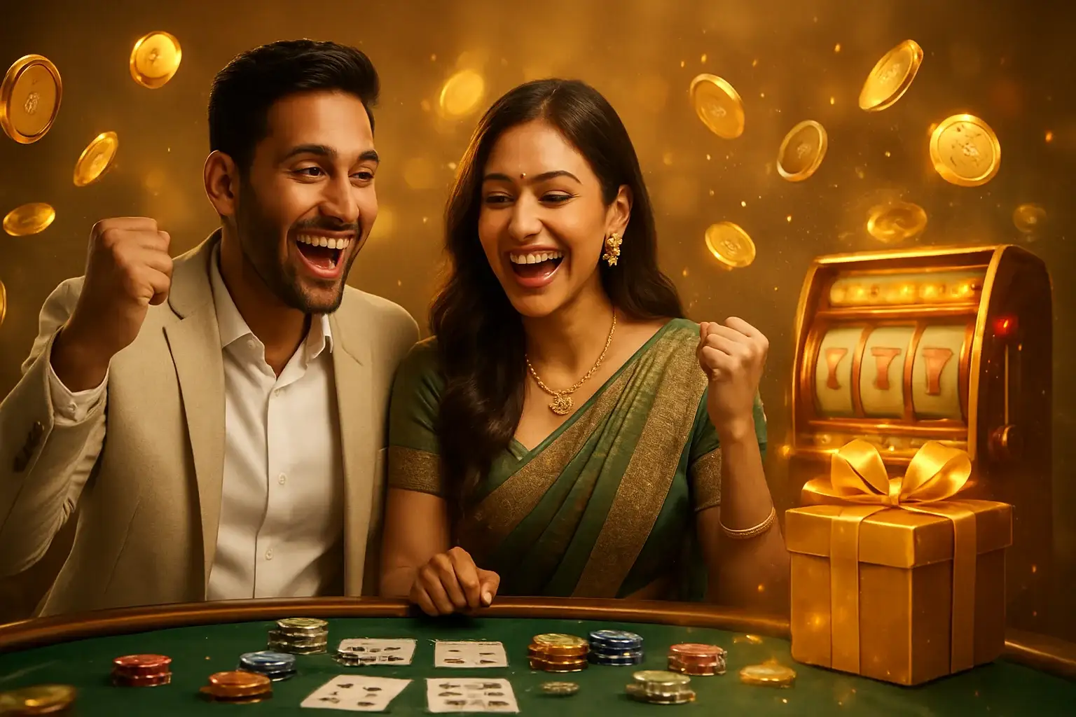 Happy South Asian couple celebrating at casino poker table with gold coins and chips
