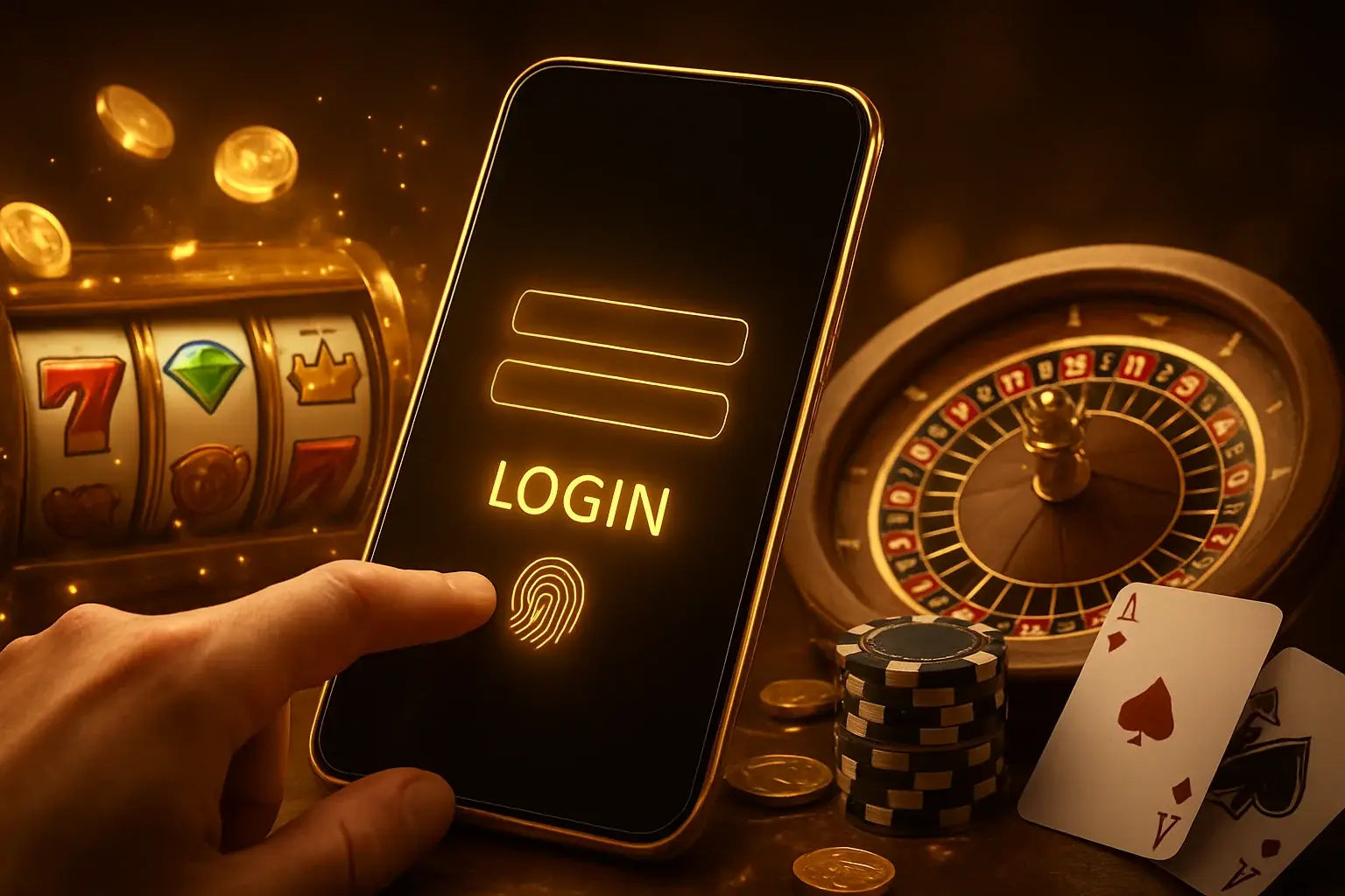 Hyper-realistic digital illustration of a gold smartphone login screen surrounded by casino elements like slot reels, roulette wheel, poker chips, playing cards, and floating gold coins