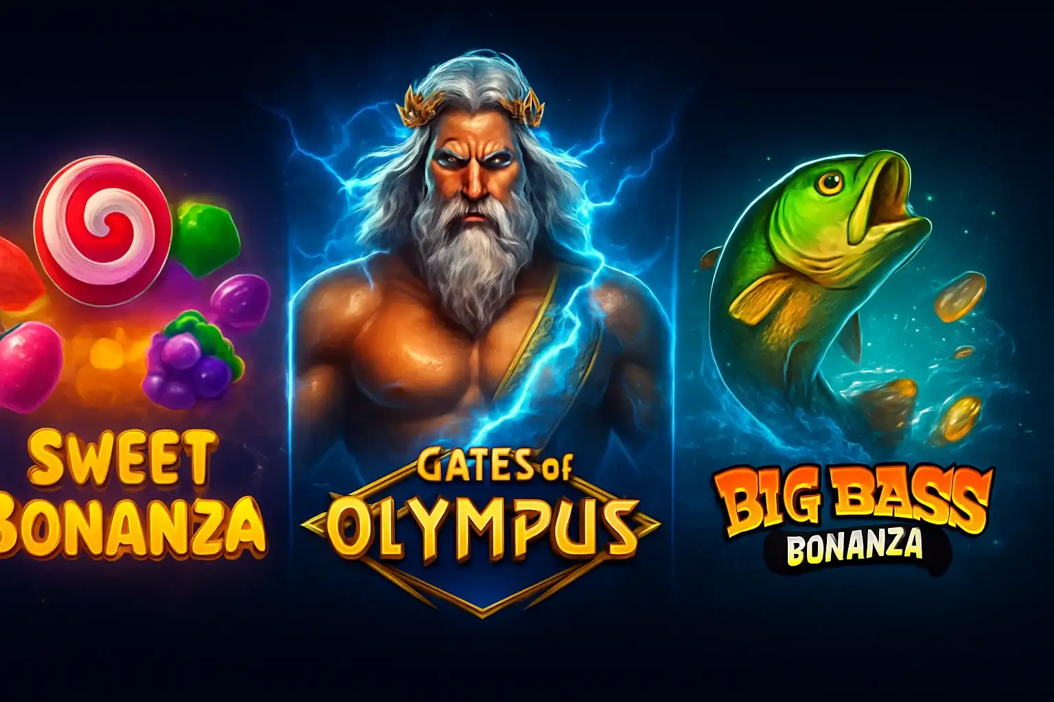 Ultra-high quality digital collage of Gates of Olympus, Sweet Bonanza, and Big Bass Bonanza slot games with glowing neon effects and cinematic lighting